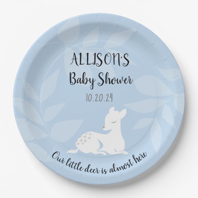 BLUE Baby Garden Deer Dear Baby Shower Invite Paper Plates (Front)