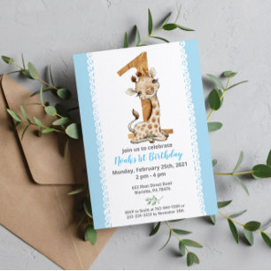 Blue Baby Giraffe 1st Birthday Invitation