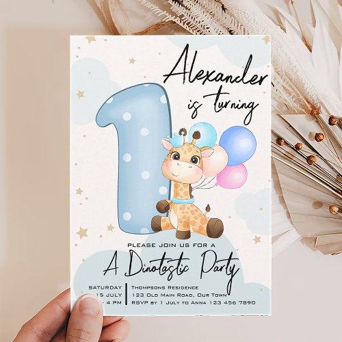 Blue Baby Giraffe 1st Birthday Party Personalized Invitation