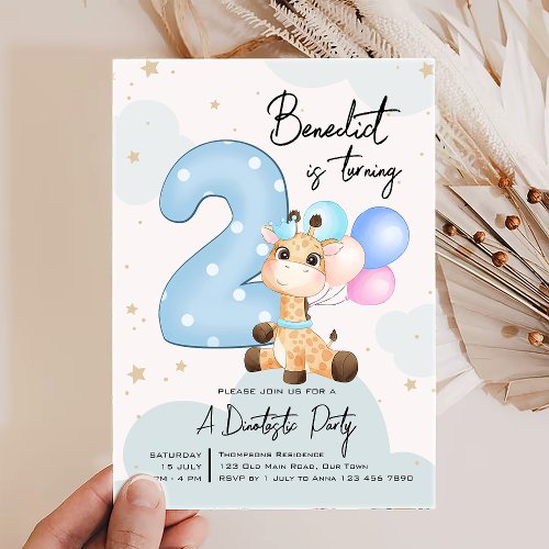 Blue Baby Giraffe 2nd Birthday Party Personalized Invitation