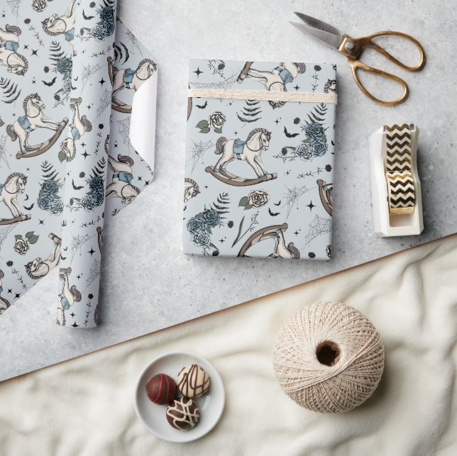 Blue Baby Goth Floral Rocking Horse Wrapping Paper (Crafts)
