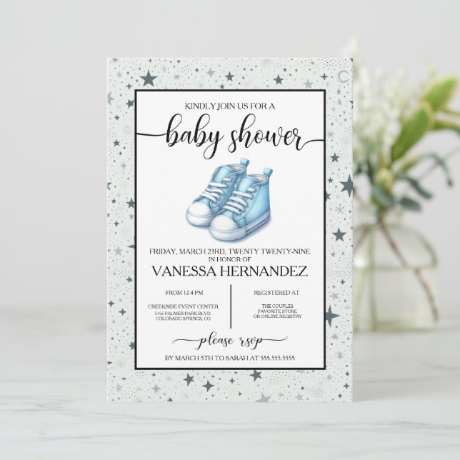 Blue Baby High Tops Baby Shower Invitation (Standing Front)