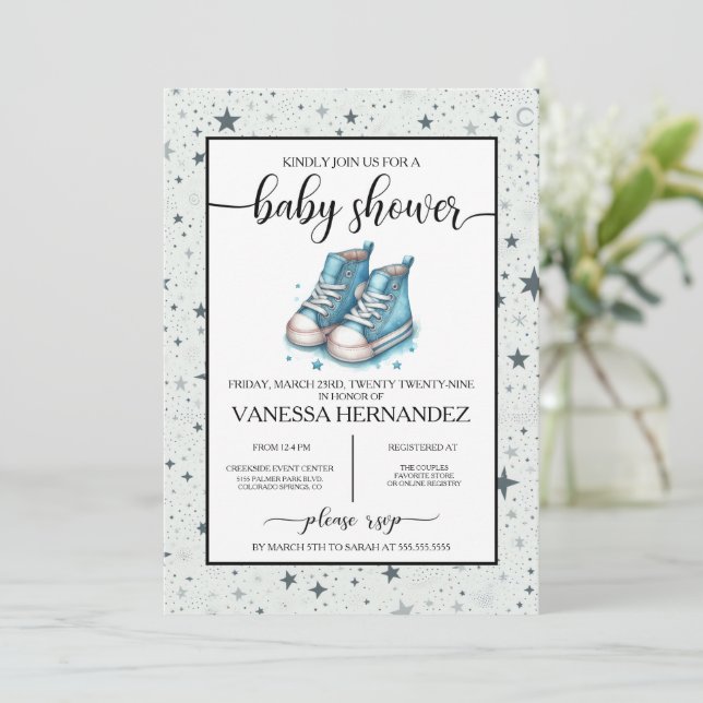 Blue Baby High Tops Baby Shower Invitation (Standing Front)