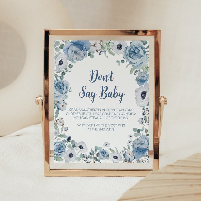 Blue Baby in Bloom Baby Shower Don't Say Baby Poster (Dusty Blue Wildflower Baby Shower Don't Say Baby Sign)