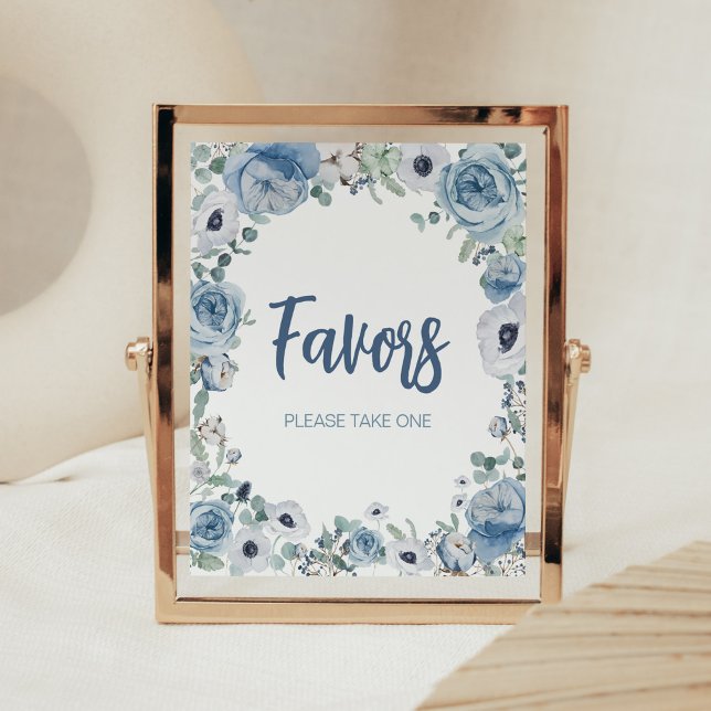 Blue Baby in Bloom Baby Shower Favors Poster (Dusty Blue Wildflower Baby Shower Favors Sign)