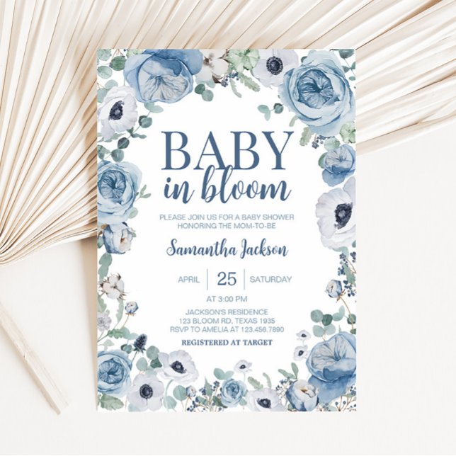 Blue Baby in Bloom Baby Shower  Invitation (Dusty Blue Wildflower Baby Shower Invitation )