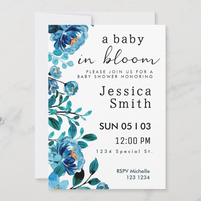 Blue Baby in Bloom Baby Shower Invite (Front)