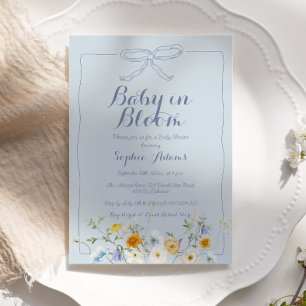 Blue Baby in Bloom Bow Wildflower Boy Baby Shower Invitation