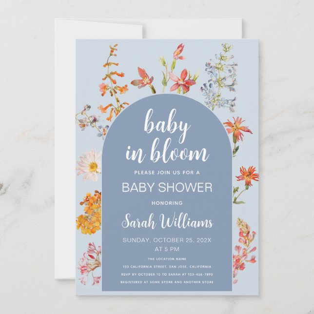 Blue Baby in Bloom Boy Shower Wildflowers Arch Invitation (Front)