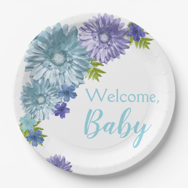 Blue Baby In Bloom Brunch Shower  Paper Plates (Front)