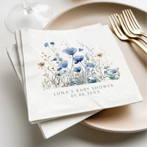 Blue Baby In Bloom Floral Wildflower Baby Shower Napkins