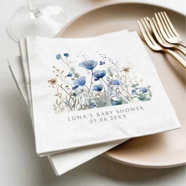 Blue Baby In Bloom Floral Wildflower Baby Shower Napkins (Creator Uploaded)