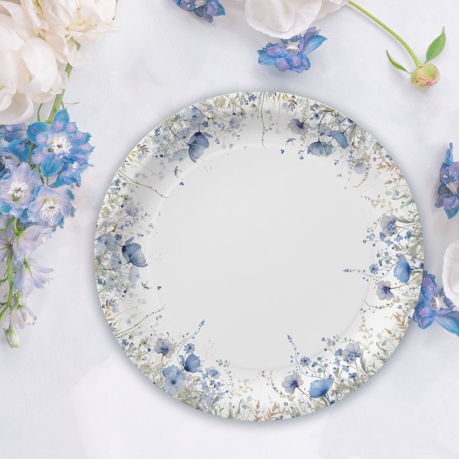 Blue Baby In Bloom Floral Wildflower Baby Shower Paper Plates (Creator Uploaded)