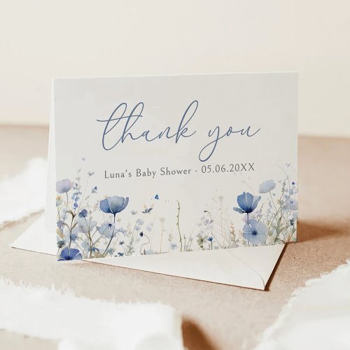 Blue Baby In Bloom Floral Wildflower Baby Shower Thank You Card