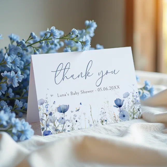 Blue Baby In Bloom Floral Wildflower Baby Shower Thank You Card | Zazzle