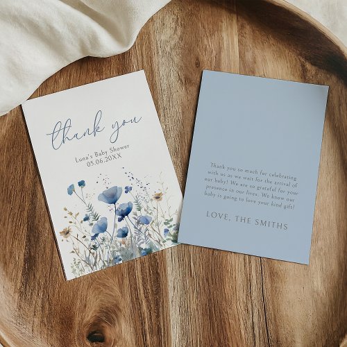 Blue Baby In Bloom Wildflower Baby Shower Flat Thank You Card