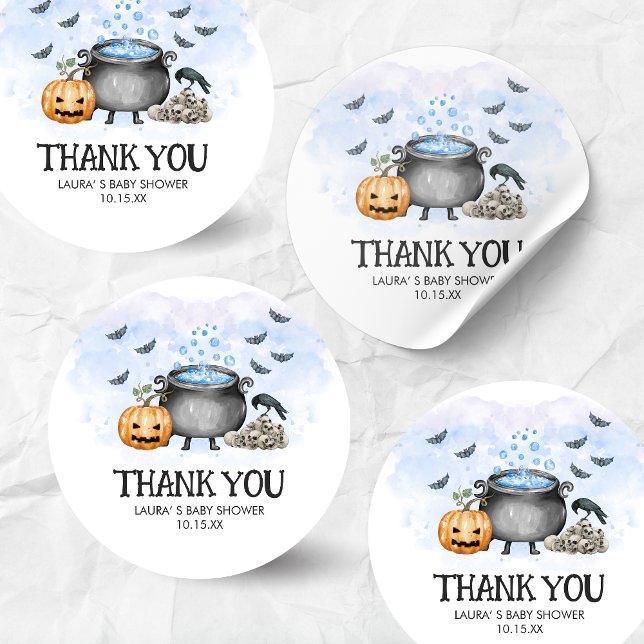 Blue Baby is Brewing Halloween Baby Shower Classic Round Sticker (Blue Baby is Brewing Halloween Baby Shower Round Sticker)