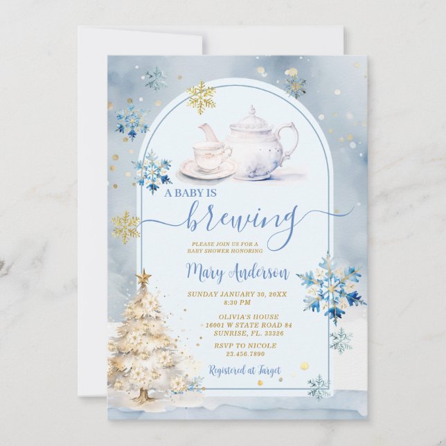 Blue Baby is Brewing Tea Party Winter Baby Shower Invitation (Front)