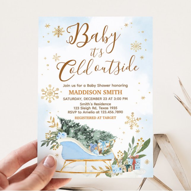 Blue Baby It's Cold Outside Baby Shower Invitation (Gold Snowflake Baby Shower Invitation)