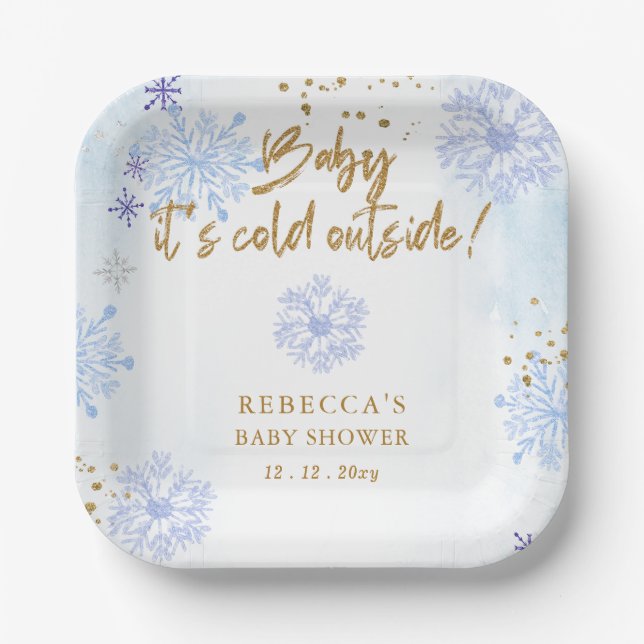 Blue Baby its Cold Outside Winter Baby Shower Paper Plates (Front)