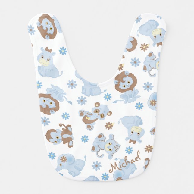 Blue Baby Jungle Animals Pattern Bib (Front)