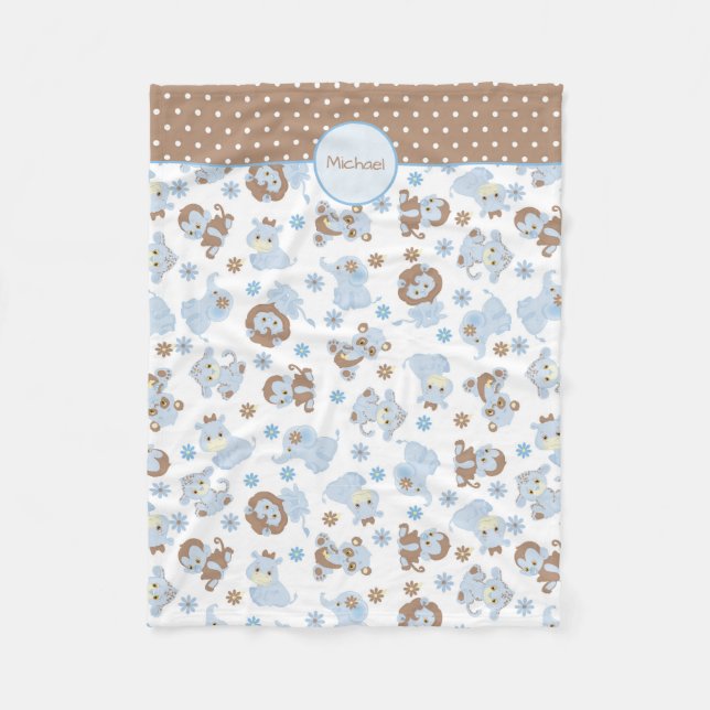 Blue Baby Jungle Animals Pattern Personalized Fleece Blanket (Front)