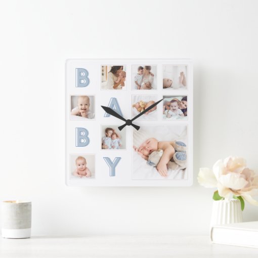 Blue Baby Letters Newborn Baby Photo Grid Collage Square Wall Clock ...