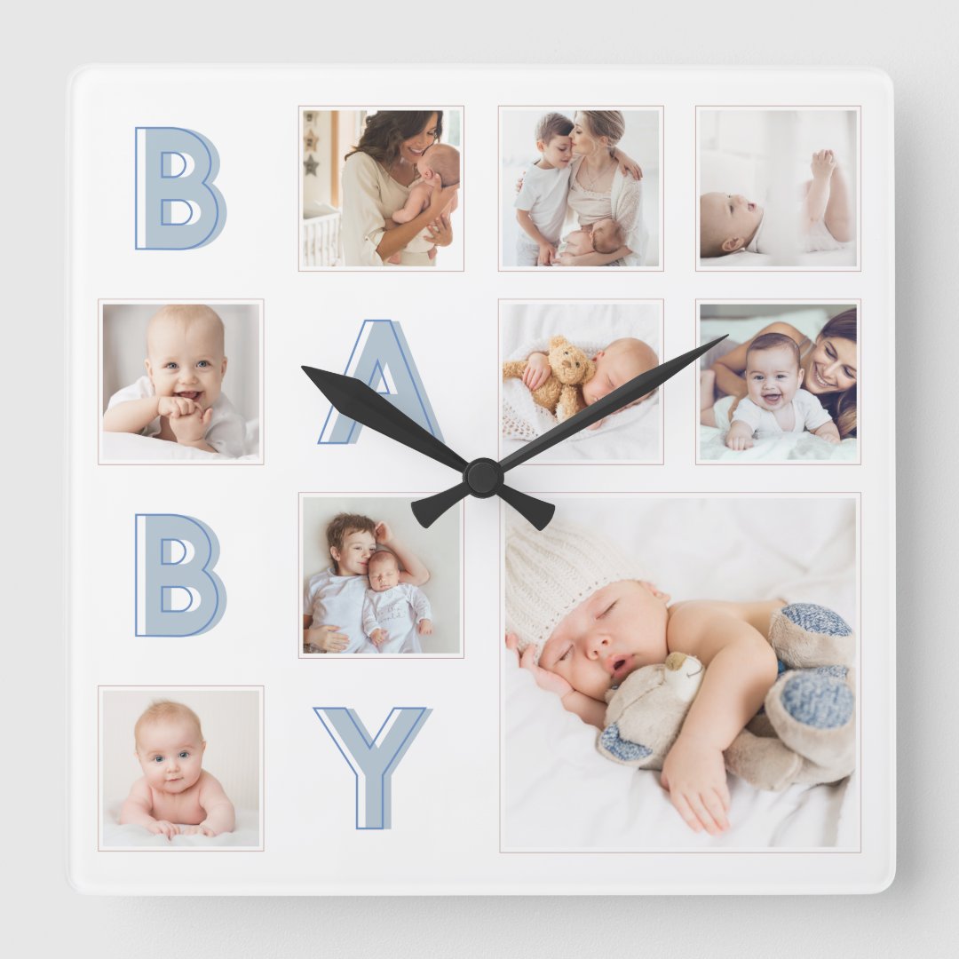 Blue Baby Letters Newborn Baby Photo Grid Collage Square Wall Clock ...