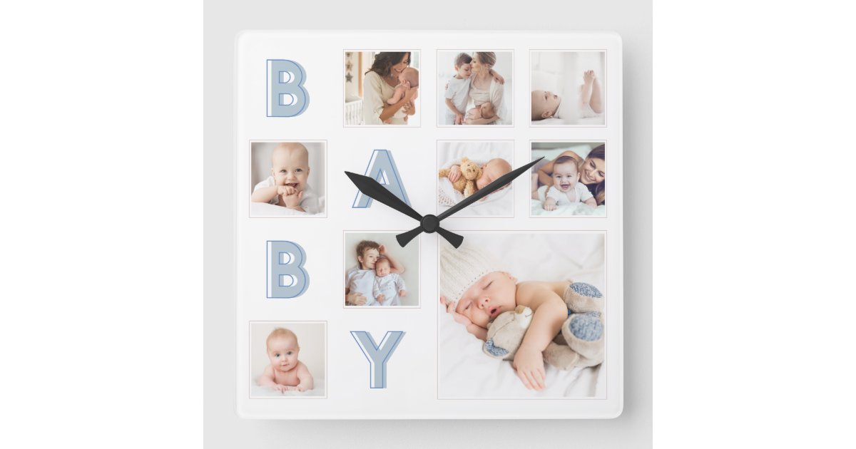 Blue Baby Letters Newborn Baby Photo Grid Collage Square Wall Clock ...