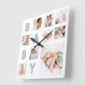 Blue Baby Letters Newborn Baby Photo Grid Collage Square Wall Clock ...