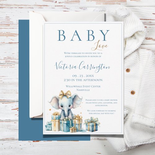 Blue Baby Love Elephant Watercolor Baby Shower Invitation