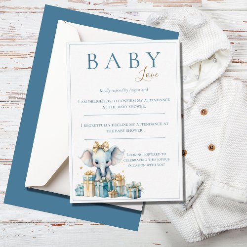 Blue Baby Love Watercolor Elephant Baby Shower RSVP Card