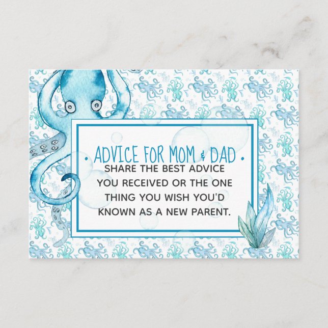 Blue Baby Octopus Baby Shower Advice for Mom & Dad Card (Front)