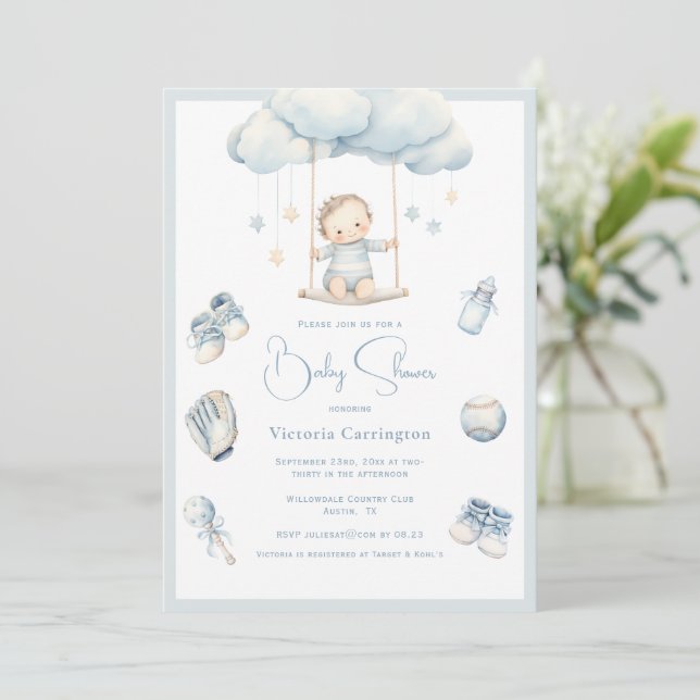 Blue Baby on Cloud Boy Baby Shower Invitation (Standing Front)