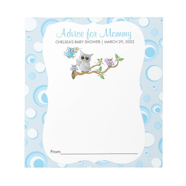 Blue Baby Owl | Baby Shower- Advice Notepad (Front)