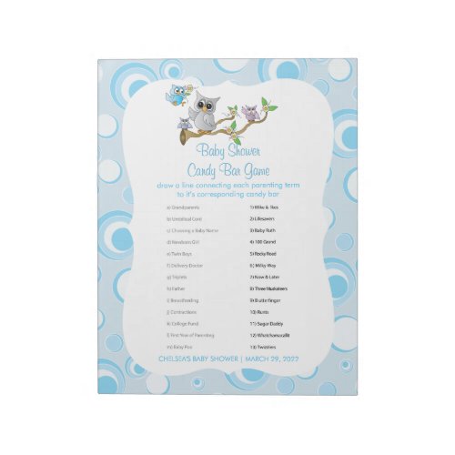 Blue Baby Owl  Baby Shower _ Game Notepad