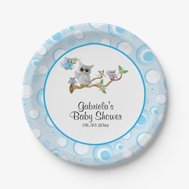 Blue Baby Owl Baby Shower Theme Paper Plates (Front)