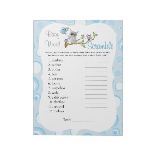 Blue Baby Owl Baby Shower Word Game Notepad