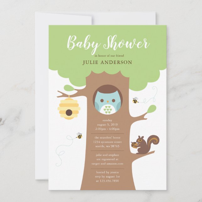 Blue Baby Owl in Tree Shower Invitation (Front)
