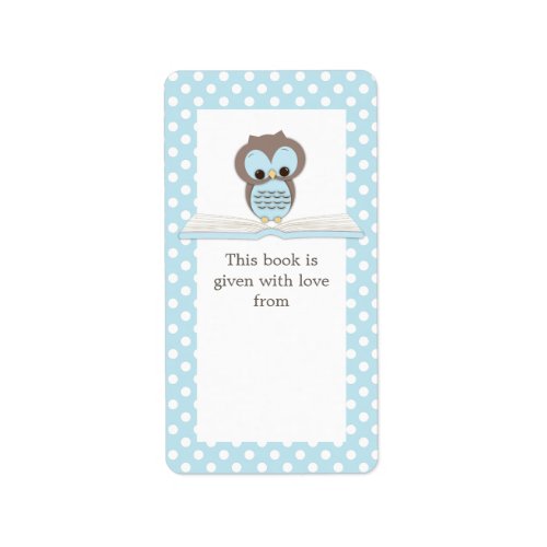 Blue Baby Owl on Book Gift Bookplate Label