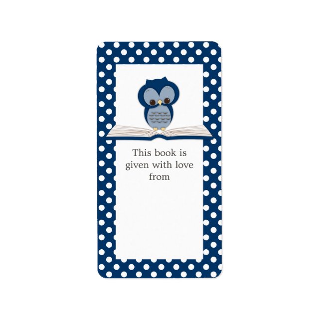 Blue Baby Owl on Book Gift Bookplate Label (Front)