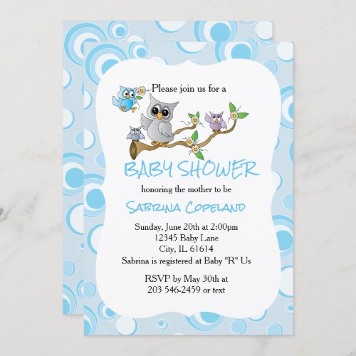 Blue Baby Owl  Shower Theme Invitation