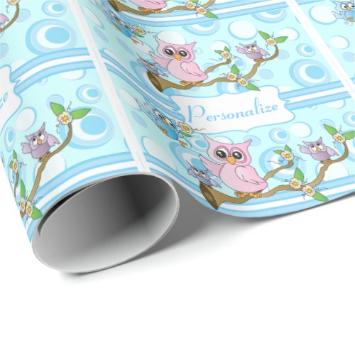 Blue Baby Owl  Shower Theme Wrapping Paper