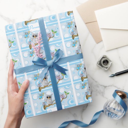 Blue Baby Owl  Shower Theme Wrapping Paper