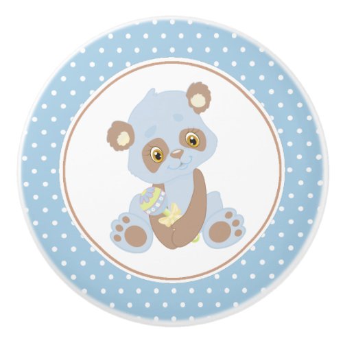 Blue Baby Panda Bear Polka Dot Ceramic Knob