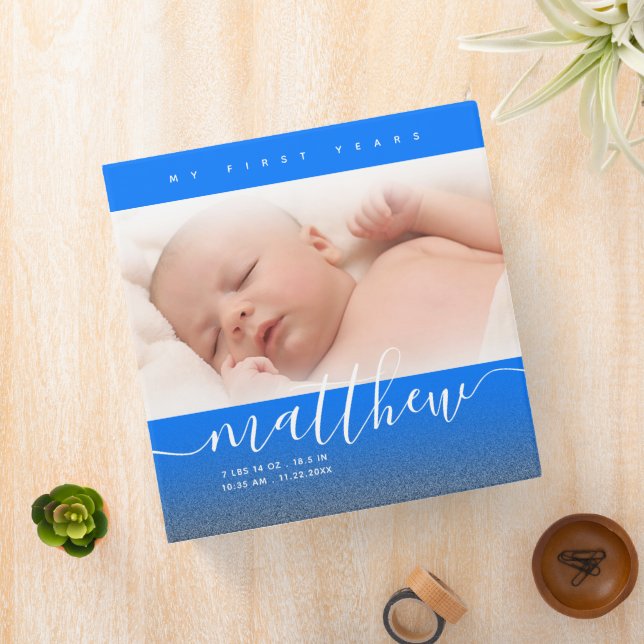 Blue Baby Photo Glitter Handwritten My First Years 3 Ring Binder (In Situ)