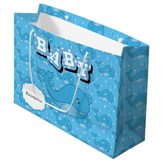 Blue Baby Polka Dotted Whale Large Gift Bag (Front Angled)