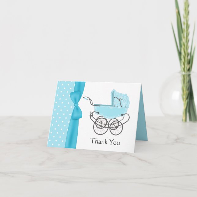 Blue Baby Pram Thank You Note Card (Front)