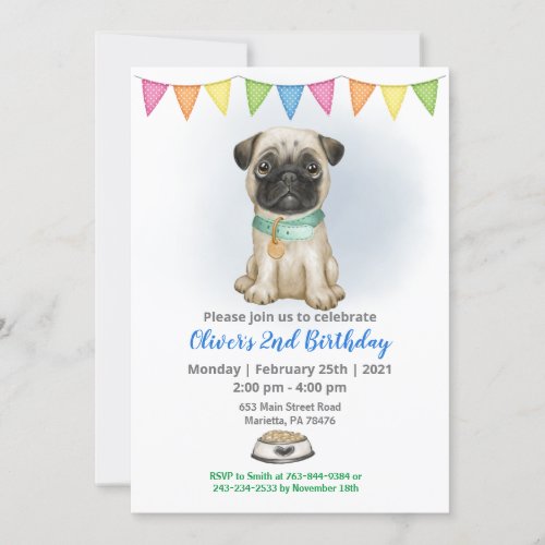 Blue Baby Pug Birthday Party Invitation