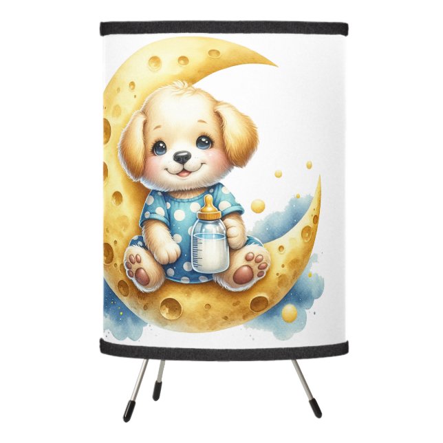 BLUE BABY PUPPY & PANDA BEAR SITTING ON MOON TRIPOD LAMP (Left)